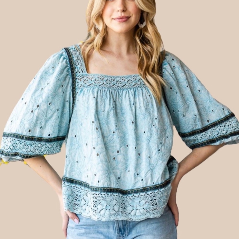 Oli & Hali Babydoll Lace Top Blouse Boho Top Smocked Shirt